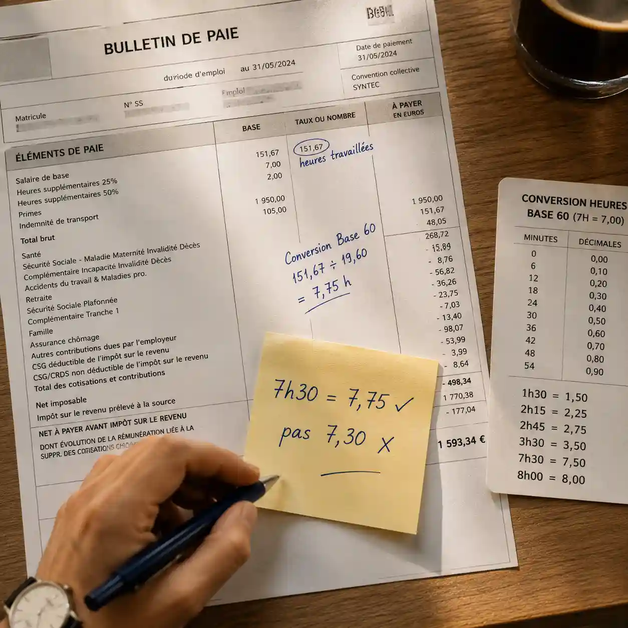 Fiche de paie française annotée à la main : Post-it corrigeant 7,30 en 7,75 h — erreur classique de conversion décimale