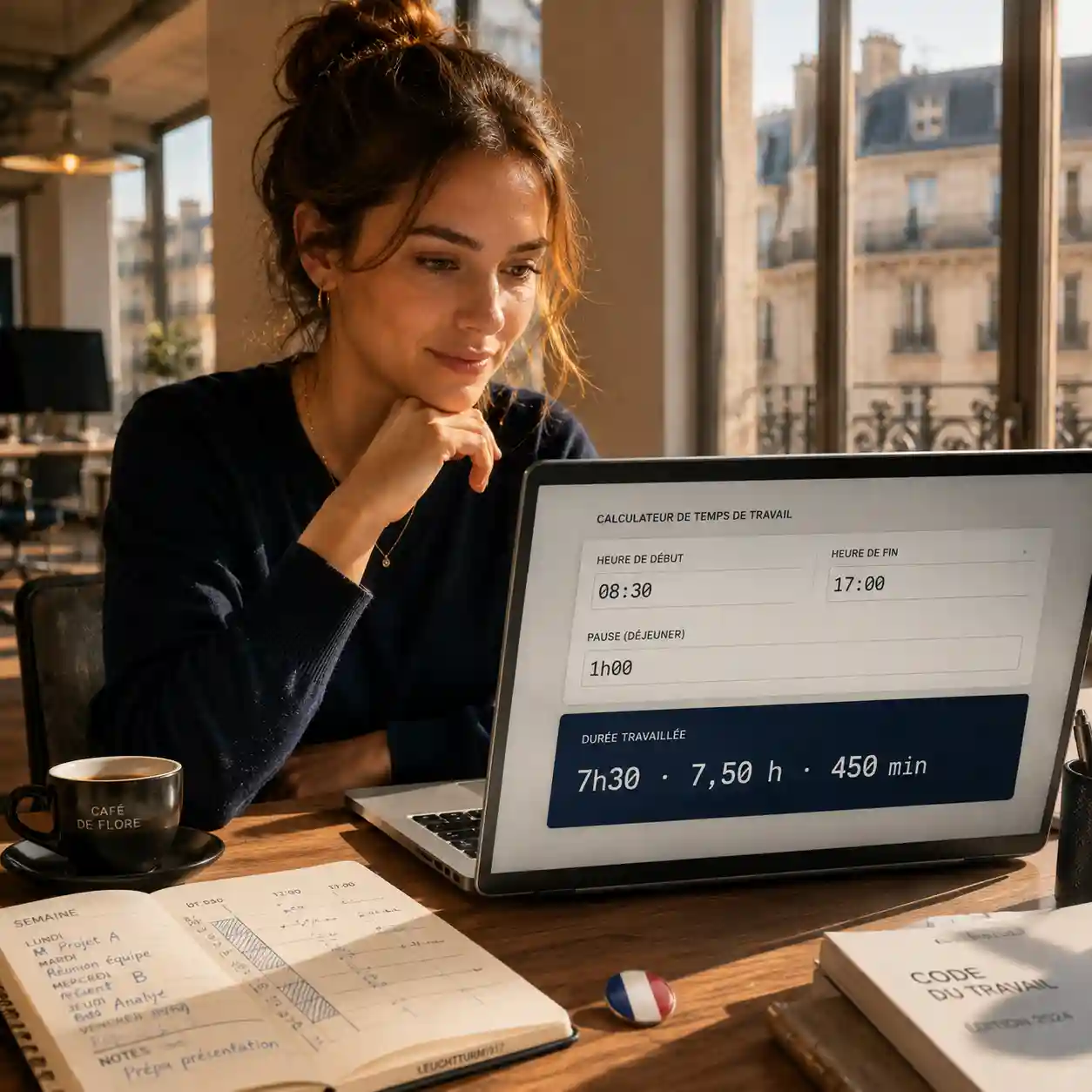 Une professionnelle française consulte sa fiche de paie sur un ordinateur affichant une calculatrice d'heures de travail en base 60 avec le résultat 7h30