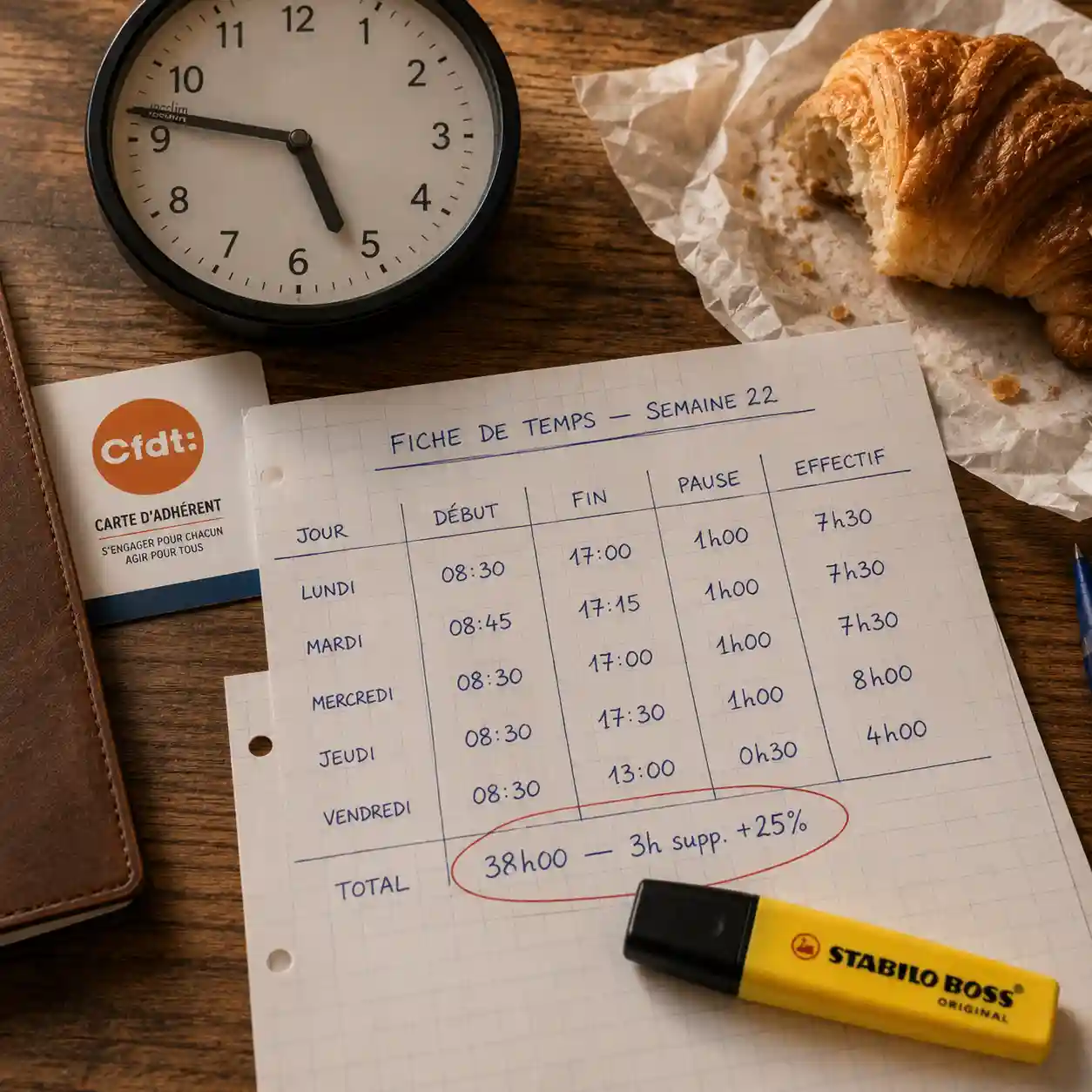 Feuille de temps hebdomadaire manuscrite d'un salarié français avec horaires variables par jour, total de 38h00 et mention des heures supplémentaires en rouge