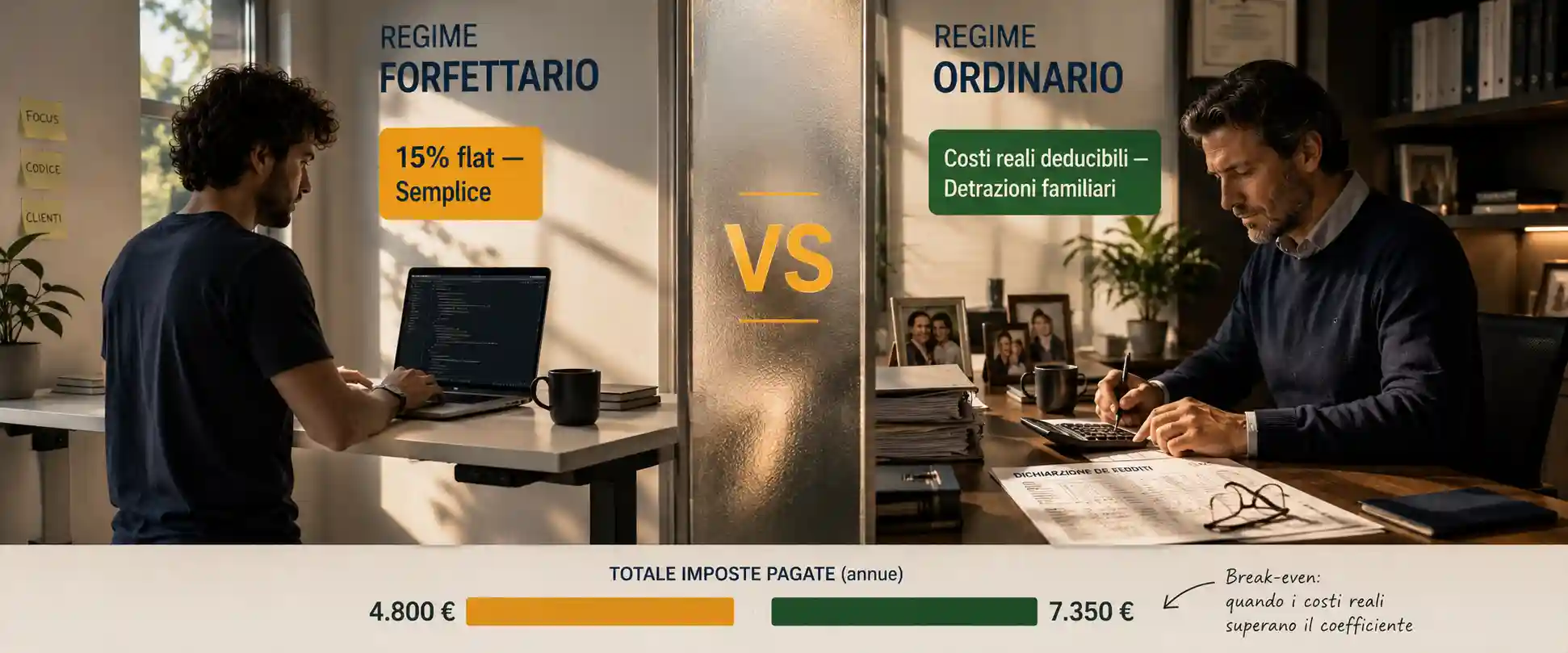 Grafico a confronto tra regime forfettario e regime ordinario IRPEF: due colonne con vantaggi e svantaggi di ciascun regime per lavoratori autonomi italiani
