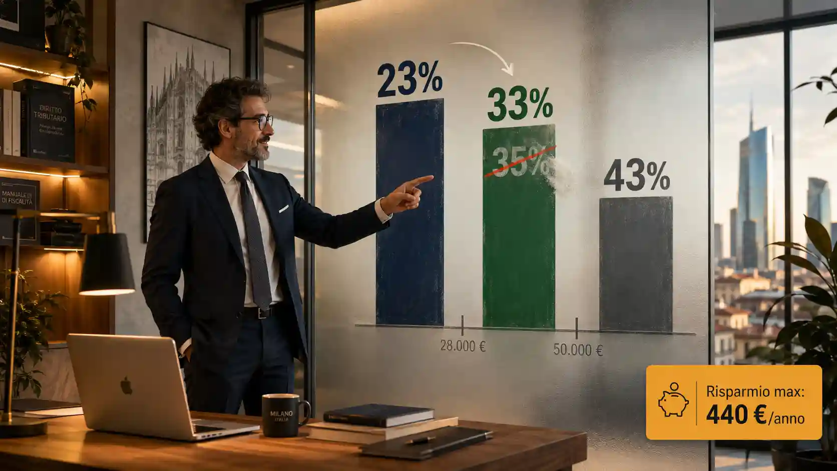 Infografica degli scaglioni IRPEF 2026: 23% fino a 28.000€, 33% da 28.001 a 50.000€, 43% oltre 50.000€, con evidenza del risparmio rispetto al 2025
